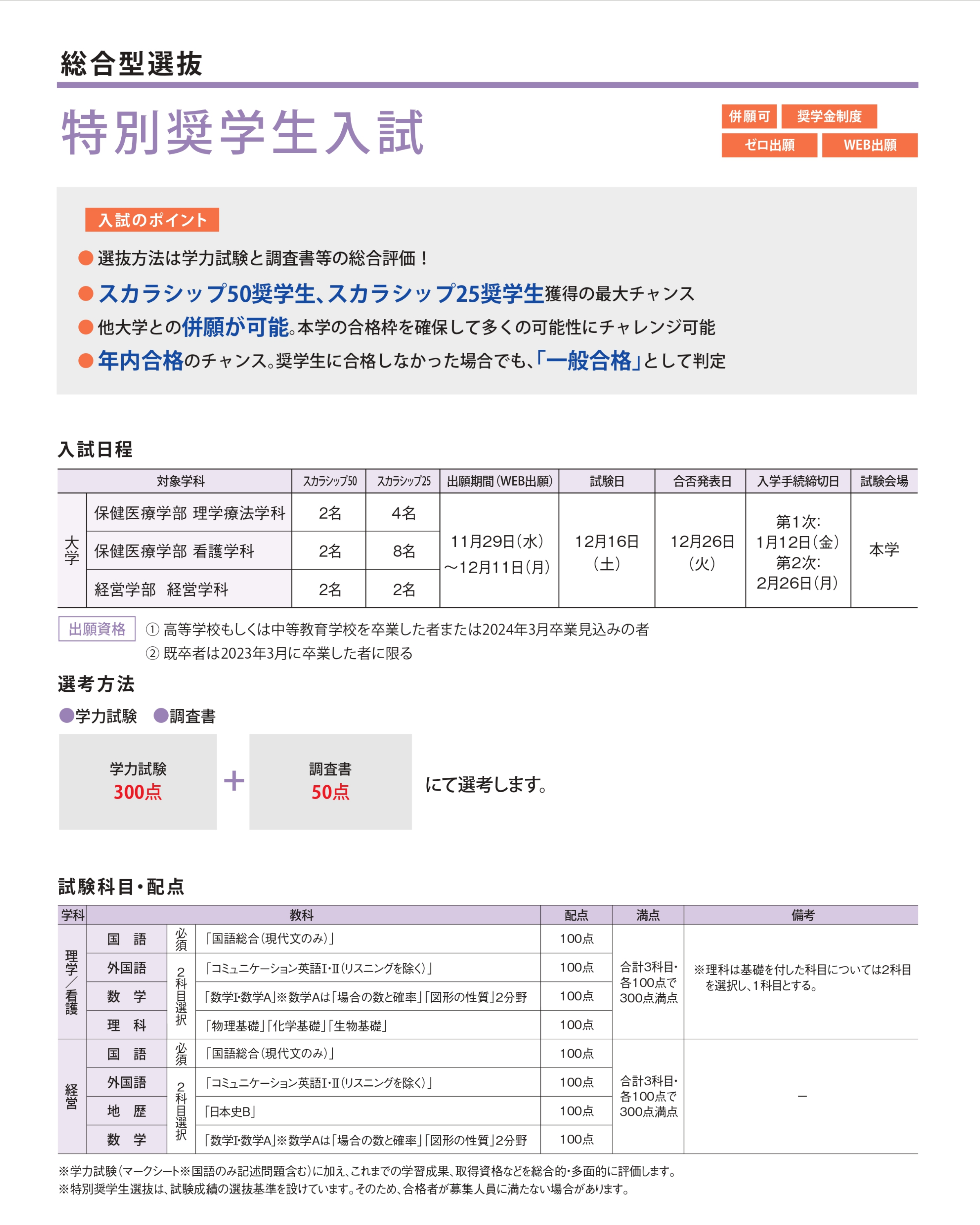 理学療法学科・看護学科・経営学科 特別奨学生入試